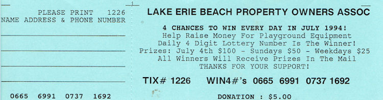 Lake Erie Beach Park RaffleTicket 1994